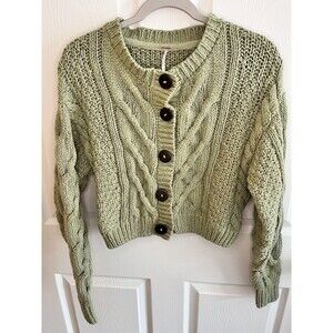 Free People Bonfire Cardi Chunky Knit Cropped Sweater - Emerald Moth, Green, S